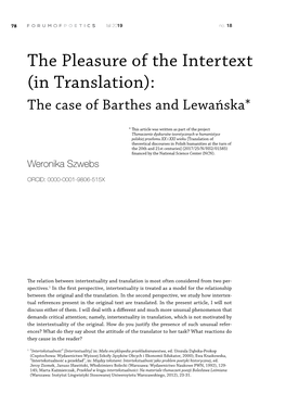 The Pleasure of the Intertext (In Translation): the Case of Barthes and Lewańska*