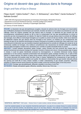 Origine Et Devenir Des Gaz Dissous Dans Le Fromage Origin and Fate of Gas in Cheese