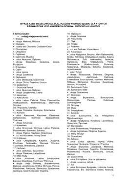 Wykaz Nazw Miejscowości, Ulic, Placów W Gminie Szubin, Dla Których Prowadzona Jest Numeracja Domów I Ewidencja Ludności