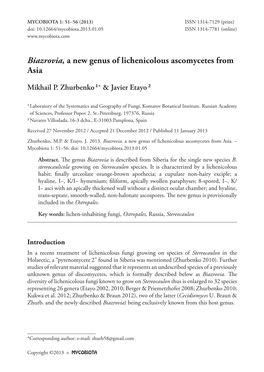 Biazrovia, a New Genus of Lichenicolous Ascomycetes from Asia