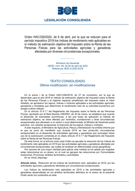 Orden HAC/329/2020, De 6 De Abril, Por La Que Se Reducen Para El