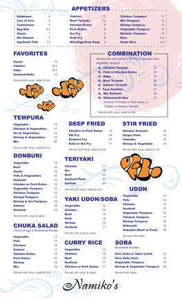 Namiko's Dinner Menu