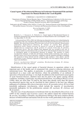 Causal Agents of Mycobacterial Diseases in Freshwater Ornamental Fish and Their Importance for Human Health in the Czech Republic