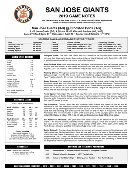 San Jose Giants 2019 Game Notes