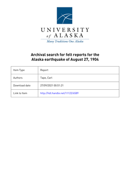 Archival Search for Felt Reports for the Alaska Earthquake of August 27, 1904