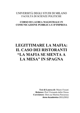 Legittimare La Mafia: Il Caso Dei Ristoranti “La Mafia Se Sienta a La Mesa” in Spagna