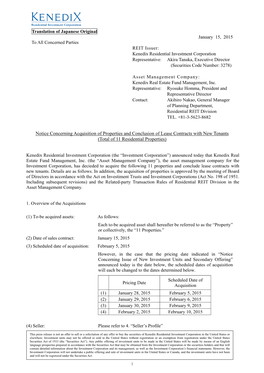 Notice Concerning Acquisition of Properties and Conclusion of Lease Contracts with New Tenants (Total of 11 Residential Properties)