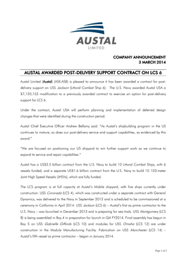 Austal Awarded Post-Delivery Support Contract on Lcs 6