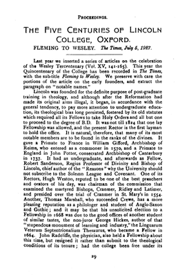 THE Five CENTURIES of LINCOLN COLLEGE, OXFORD. FLEMING to WESLEY