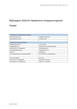 Miljörapport 2020 För Hässleholms Avloppsreningsverk Textdel