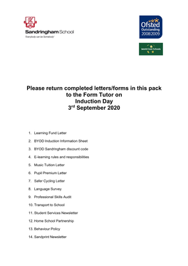 Please Return Completed Letters/Forms in This Pack to the Form Tutor on Induction Day 3Rd September 2020