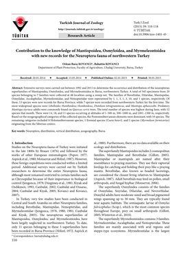 Contribution to the Knowledge of Mantispoidea, Osmyloidea, and Myrmeleontoidea with New Records for the Neuroptera Fauna of Northwestern Turkey