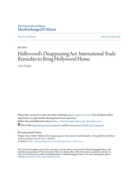 International Trade Remedies to Bring Hollywood Home Claire Wright