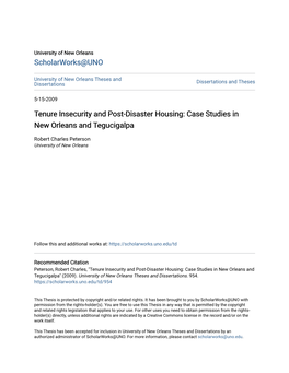 Tenure Insecurity and Post-Disaster Housing: Case Studies in New Orleans and Tegucigalpa