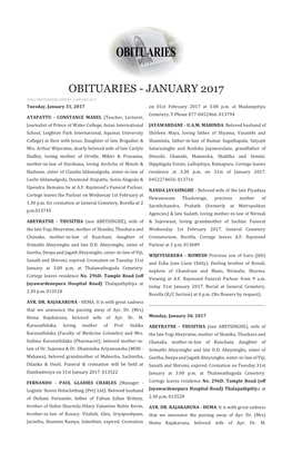 Obituaries for January 2017 – Sri Lanka