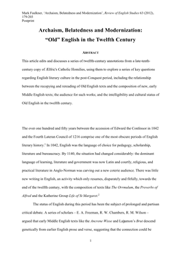 Archaism, Belatedness and Modernization’, Review of English Studies 63 (2012), 179-203 Postprint