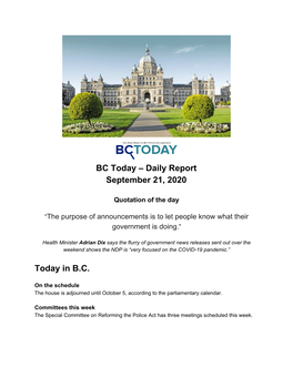 BC Today – Daily Report September 21, 2020