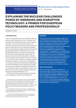 Explaining the Nuclear Challenges Posed by Emerging and Disruptive Technology: a Primer for European Policymakers and Professionals*