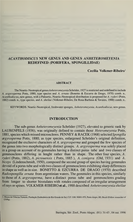 Acanthodiscus New Genus and Genus Anheteromeyenia Introduction