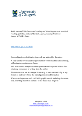 Reid, Jessica (2016) Devotional Reading and Dissolving the Self: a Critical Reading of the Late Medieval Scottish Legendary Using Kristevan Theory