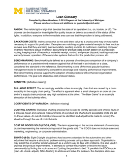 Lean Glossary Compiled by Gene Goodson, © 2016 Regents of the University of Michigan (Please Send Corrections and Additions To: Ggoodsn@Umich.Edu)