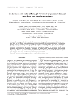 On the Taxonomic Status of Eurylepis Poonaensis (Squamata: Scincidae): Resolving a Long-Standing Conundrum