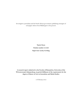 Investigative Journalism and the South African Government: Publishing Strategies of Newspaper Editors from Muldergate to the Present