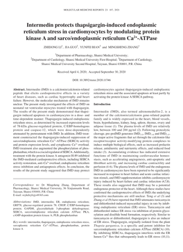 Intermedin Protects Thapsigargin‑Induced Endoplasmic Reticulum Stress in Cardiomyocytes by Modulating Protein Kinase a and Sarco/Endoplasmic Reticulum Ca2+‑Atpase