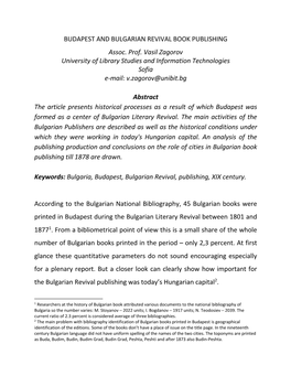 BUDAPEST and BULGARIAN REVIVAL BOOK PUBLISHING Assoc