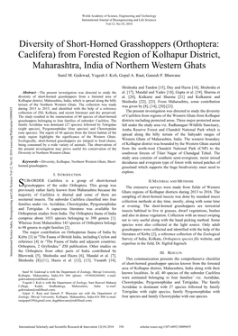 Diversity of Short-Horned Grasshoppers (Orthoptera: Caelifera) from Forested Region of Kolhapur District, Maharashtra, India of Northern Western Ghats Sunil M