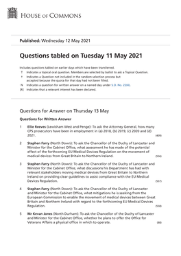 Questions Tabled on Tuesday 11 May 2021