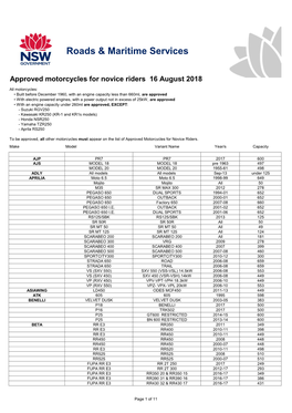 Approved Motorcycles for Novice Riders As at 16 August 2018