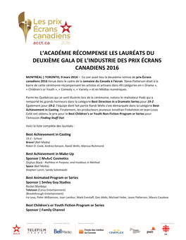 L'académie Récompense Les Lauréats Du Deuxième Gala