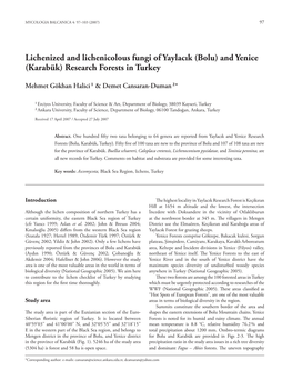Lichenized and Lichenicolous Fungi of Yaylacık (Bolu) and Yenice (Karabük) Research Forests in Turkey