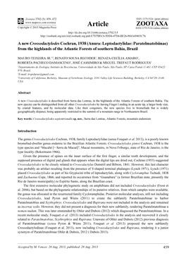 A New Crossodactylodes Cochran, 1938 (Anura: Leptodactylidae: Paratelmatobiinae) from the Highlands of the Atlantic Forests of Southern Bahia, Brazil