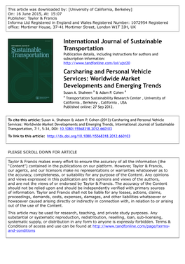 Carsharing and Personal Vehicle Services: Worldwide Market Developments and Emerging Trends Susan A