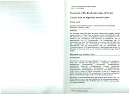 Check-List of the Freshwater Algae of Turkey Tiirkiye Tath Su Alglerinin