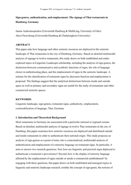 Sign-Genres, Authentication, and Emplacement: the Signage of Thai Restaurants in Hamburg, Germany Jannis Androutsopoulos