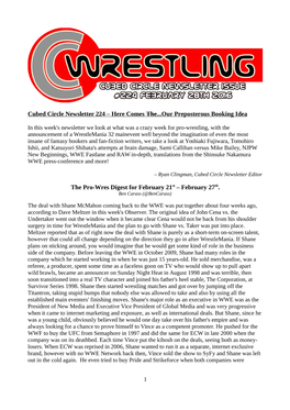 Cubed Circle Newsletter 224 – Here Comes the ...Our Preposterous Booking Idea the Pro-Wres Digest for February 21St – Febru