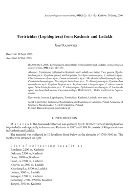 Tortricidae (Lepidoptera) from Kashmir and Ladakh