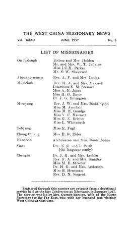 The West China Missionary News List of Missionaries