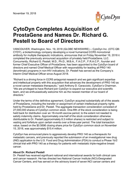 Cytodyn Completes Acquisition of Prostagene and Names Dr