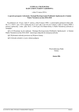 STRATEGIA ROZWIĄZYWANIA PROBLEMÓW SPOŁECZNYCH GMINY PADEW NARODOWA NA LATA 2016 – 2020, Urząd Gminy W Padwi Narodowej Tel