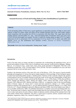 Seasonal Occurence of Food and Feeding Habit of Labeo Bata(Hamilton) (Cypriniformes : Cyprinidae)