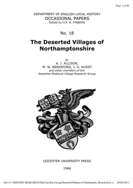 The Deserted Villages of Northamptonshire