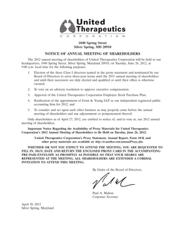 United Therapeutics Corporation Will Be Held at Our Headquarters, 1040 Spring Street, Silver Spring, Maryland 20910, on Tuesday, June 26, 2012, at 9:00 A.M