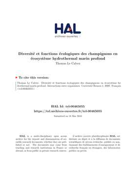 Diversité Et Fonctions Écologiques Des Champignons En Écosystème Hydrothermal Marin Profond