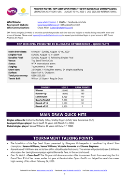 Main Draw Quick-Hits Tournament Talking Points