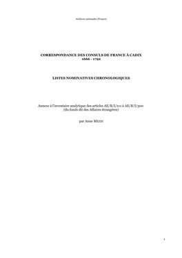 Correspondance Des Consuls De France À Cadix 1666 - 1792