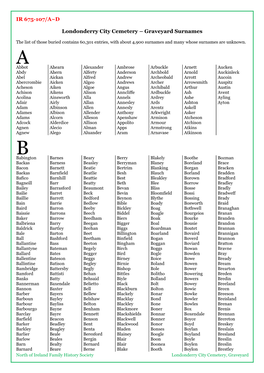 IR 675-107/A~D Londonderry City Cemetery – Graveyard Surnames